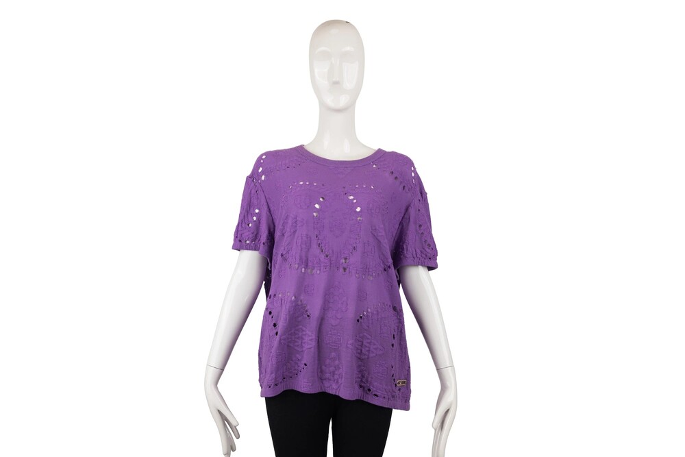 Chanel Purple Eyelet T-Shirt Openwork Knit Gold Hardware Size 46